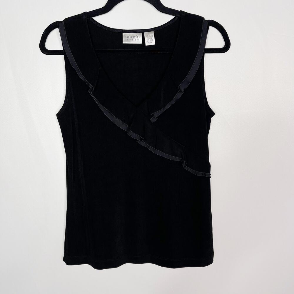 Chicos Size 0 Small Black Travelers VNeck Wrap Knit Shell Top Ruffle Trim Tank